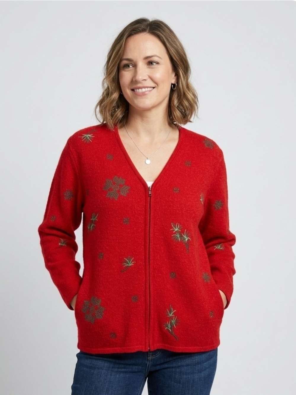 Red Embroidered Zip-Front Women’s Sweater